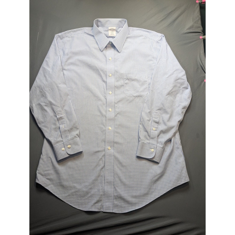 Brooks Brothers 1818 Regent Dress Shirt 17-4/5 Blue White Check Non-Iron Cotton